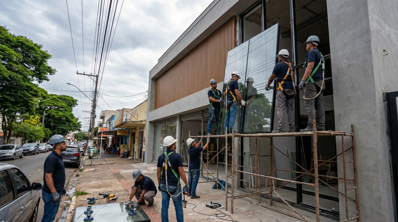 Fachada de vidro com andaime lateral em São José do Rio Preto-SP